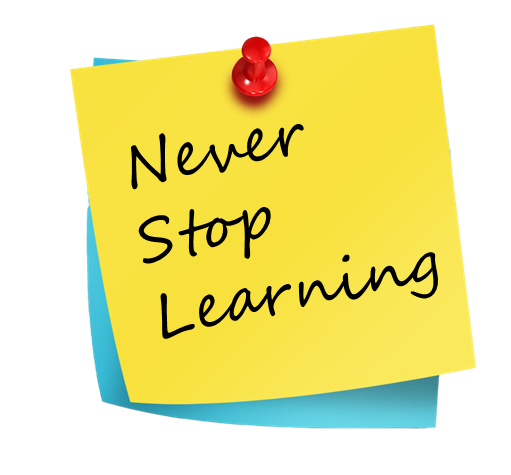 note with the text "never stop learning" written on it